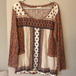 Wide Neck Boho Long Sleeved Tee sz XL